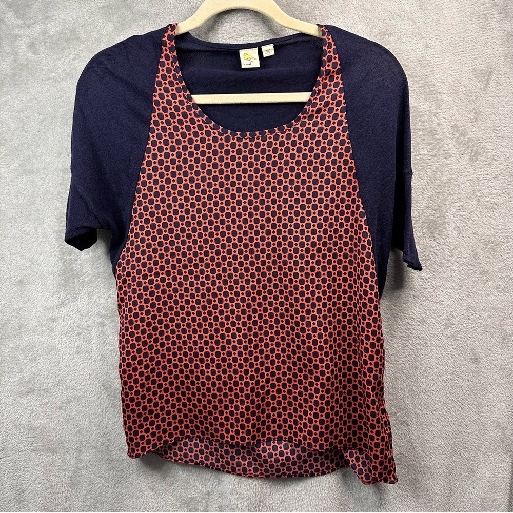 Anthropologie Little Yellow Bird Silk Knit Boho Top XS Geometric Print HiLow Hem